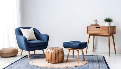 Navy armchair on a rug and wooden stool with pillows in white room