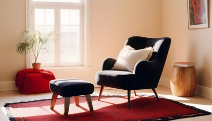 Navy armchair on a rug and wooden stool with pillows in white room