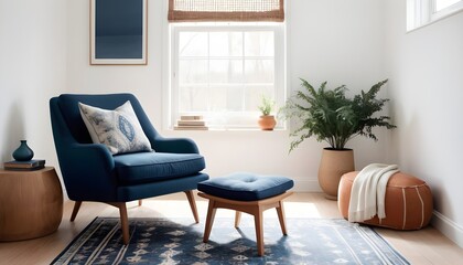 Navy armchair on a rug and wooden stool with pillows in white room
