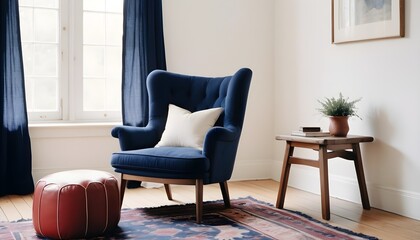 Navy armchair on a rug and wooden stool with pillows in white room