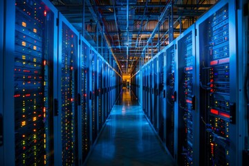 Rows of servers fill a long building hallway in a data center