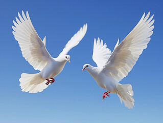 Obraz premium Two White Doves Flying Together Against Clear Blue Sky