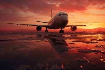 Commercial airliner touches down on a wet runway, mirrored by a stunning sunset