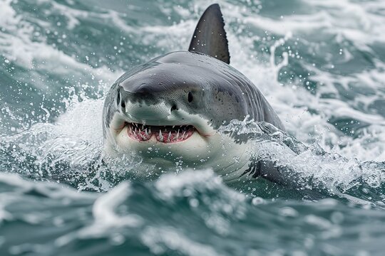 A plus four meter great white shark jumping out of the water with an open mouth full of teeth