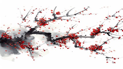 Fototapeta premium A painting of a tree against a white backdrop, its branches adorned with red berries – one branch distinctively black among the rest, also bearing red fruits