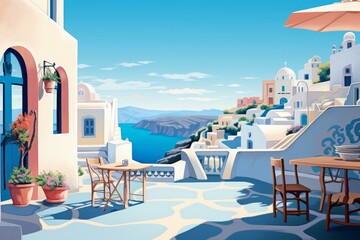 Naklejka premium Idyllic view of a tranquil cafe in santorini overlooking the aegean sea and whitewashed buildings
