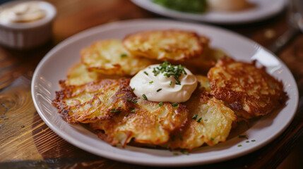 Authentic czech potato pancakes garnished with fresh herbs and a dollop of sour cream, served on a white plate
