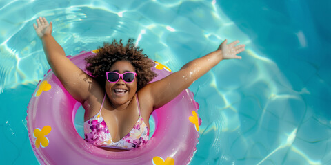 An African American woman is floating in a swimming pool with a pink inflatable ring. She is smiling with arms outstretched, enjoying a relaxing and fun day in the water.welcoming the good weather.