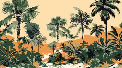 A seamless vector pattern of an oasis with tropical trees and palms.

