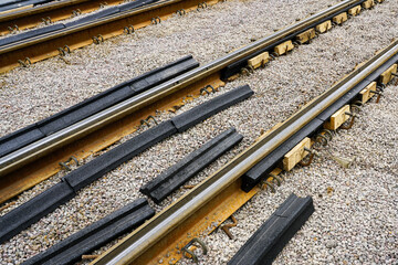 Naklejka premium Attaching polyurethane pads to new tram rails to reduce vibration and noise emissions