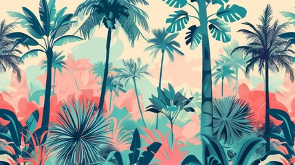 A seamless vector pattern of an oasis with tropical trees and palms.

