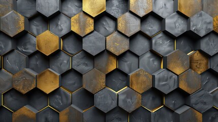 Abstract geometric seamless pattern in gray and golden decor. Hexagon tiles with relief materials. 3D render