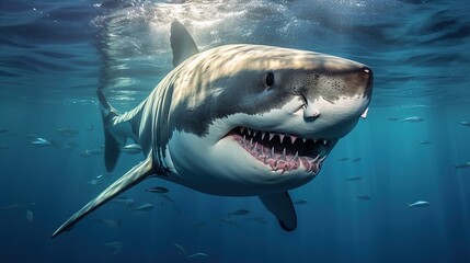 Fototapeta premium Great white shark with its main four fins swimming under sun rays in the blue Pacific Ocean