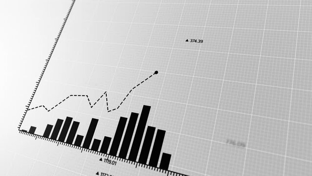Dynamic Display of Market Fluctuations in Stark Black and White, Illustrating Financial Highs and Lows Through Animated Bar Graphs and Trend Lines