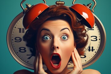 Shocked retro styled woman with a big alarm clock showcasing urgency or deadline concept
