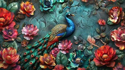 Elegant leather base combines bright color floral with exotic oriental pattern flowers and peacocks illustration background. 3d abstraction wallpaper for interior mural wall art decor