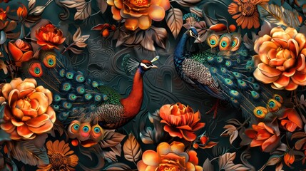 Elegant leather base combines bright color floral with exotic oriental pattern flowers and peacocks illustration background. 3d abstraction wallpaper for interior mural wall art decor