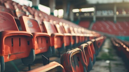 Empty stadium seats in a deserted football arena.








