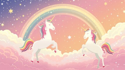 Magical scene of two unicorns under a rainbow in a pastel-colored sky, surrounded by clouds and stars, evoking a sense of fantasy and wonder.