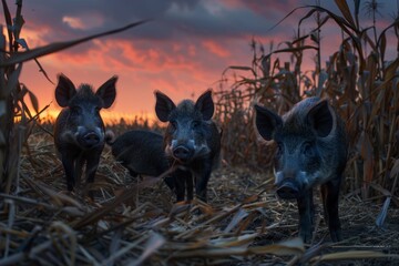 wild boars in a corn field
