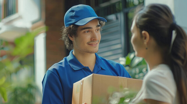 young man delivery guy in a blue uniform handing a cardboard box to a customer woman at home, holding and taking packages with hands