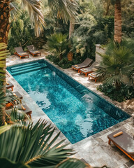 Rectangular swimming pool in tropical hotel with crystal clear water, surrounded by tall palm trees and sunbeds sun. Concept of comfortable and relaxing vacation in holiday © Balica