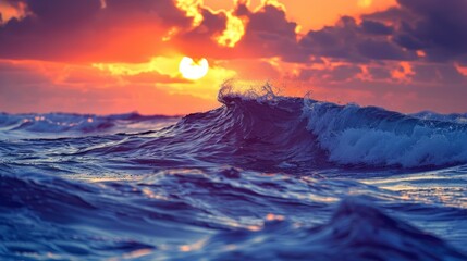 Fototapeta premium waves in foreground, sun distant, clouds-filled sky, sun halfway