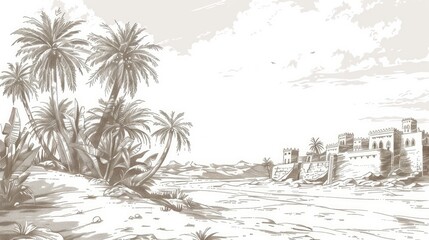 A vintage scene of an Egyptian oasis with palm trees, ancient walls, and a clear white sky.

