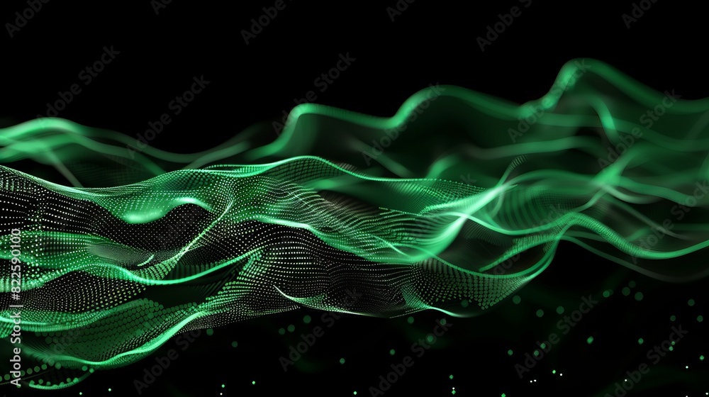 Wall mural Dynamic wave lines in green hues flowing gracefully, isolated on a black background.

 - Wall murals