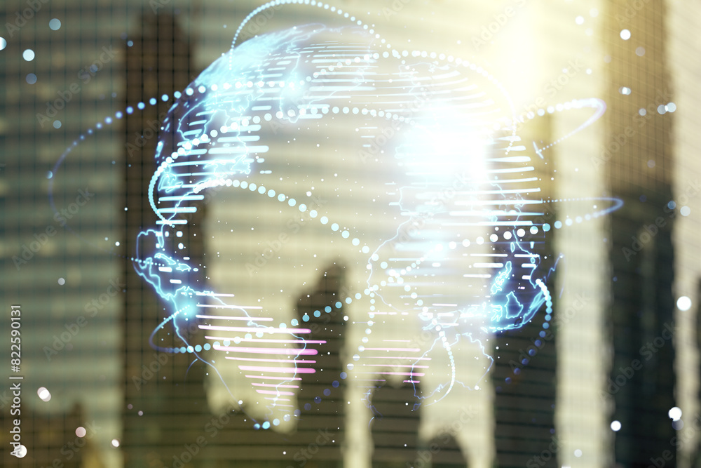 Poster abstract graphic digital world map hologram with connections on modern architecture background, glob