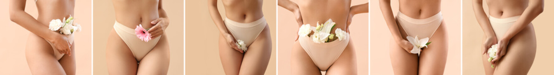Set of beautiful young women in panties and with flowers on beige background, closeup