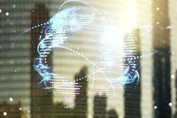Abstract graphic digital world map hologram with connections on modern architecture background,...