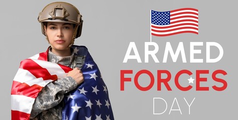 Young female soldier with flag of USA on grey background. Banner for Armed Forces Day