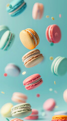 Obraz premium Tasty colorful macarons flying floating on light background, vertical banner for instastory or tiktok 