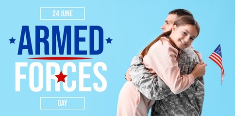 Soldier with his little daughter hugging on light blue background. Banner for Armed Forces Day