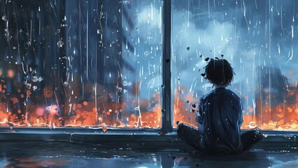 Sad Lofi Boy Anime cartoon sitting in window at rainy night - Loop Video background Cover