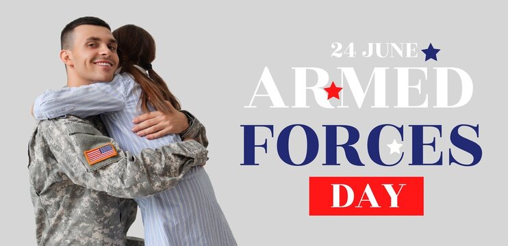 Soldier with his little daughter hugging on light background. Banner for Armed Forces Day