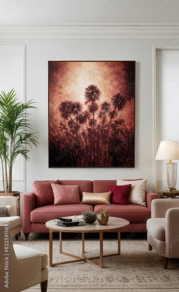 Wall mural sophisticated professional photograph of a burgundy and rose gold luxury living room interior with a