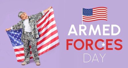 Little African-American soldier with USA flag on lilac background. Banner for Armed Forces Day