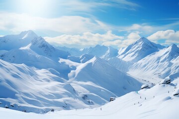 Panoramic view of serene snow-covered mountains with clear blue skies