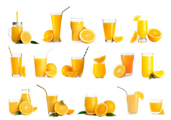 Set of fresh orange juice on white background