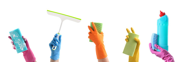 Collage of hands in colorful gloves and with cleaning supplies on white background