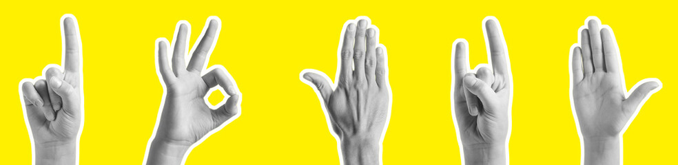 Collage of gesturing hands on yellow background