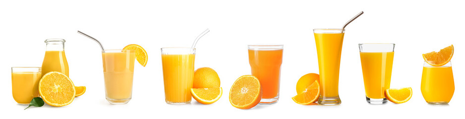 Set of fresh orange juice on white background