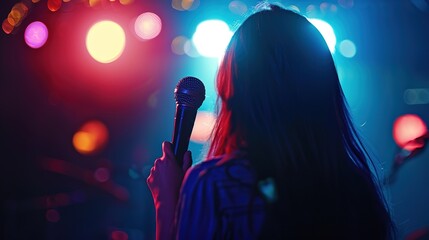 Black silhouette of female rock star singer with a microphone. singer sings a karaoke song on stage...