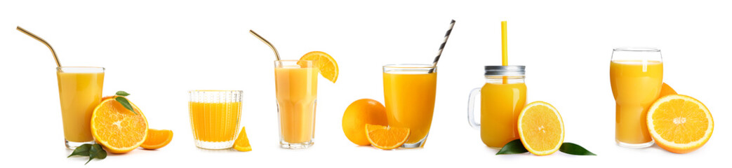 Set of fresh orange juice on white background