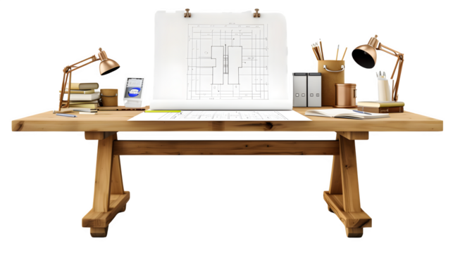 Architect's Setup with Drawing Table and Blueprints for Design and Planning, Isolated on White, Transparent Background, PNG File, Hand Edited Generative AI