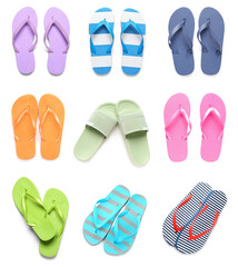 Set of stylish flip-flops on white background, top view