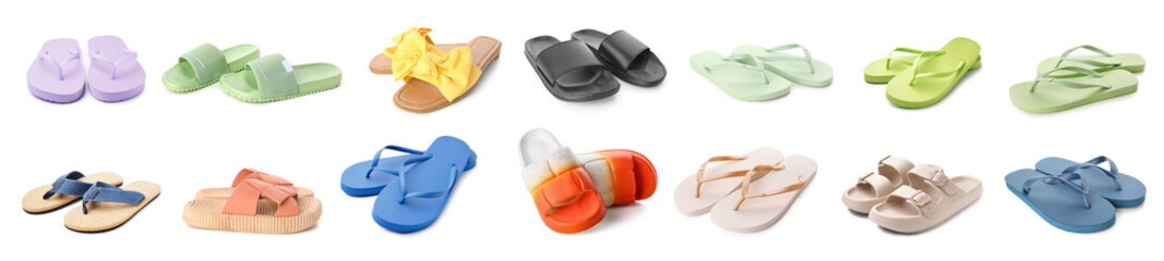 Set of stylish flip-flops on white background