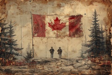 watercolor illustration, vintage post card, Canada Day, hunters with guns among the forest. huge flag of Canada, aged paper